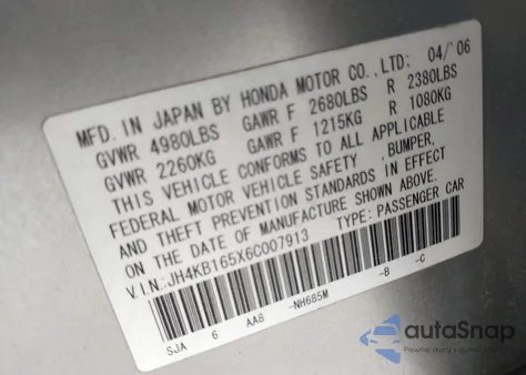 2006 Acura Rl 3.5 из США, поврежденный, VIN JH4KB165X6C007913